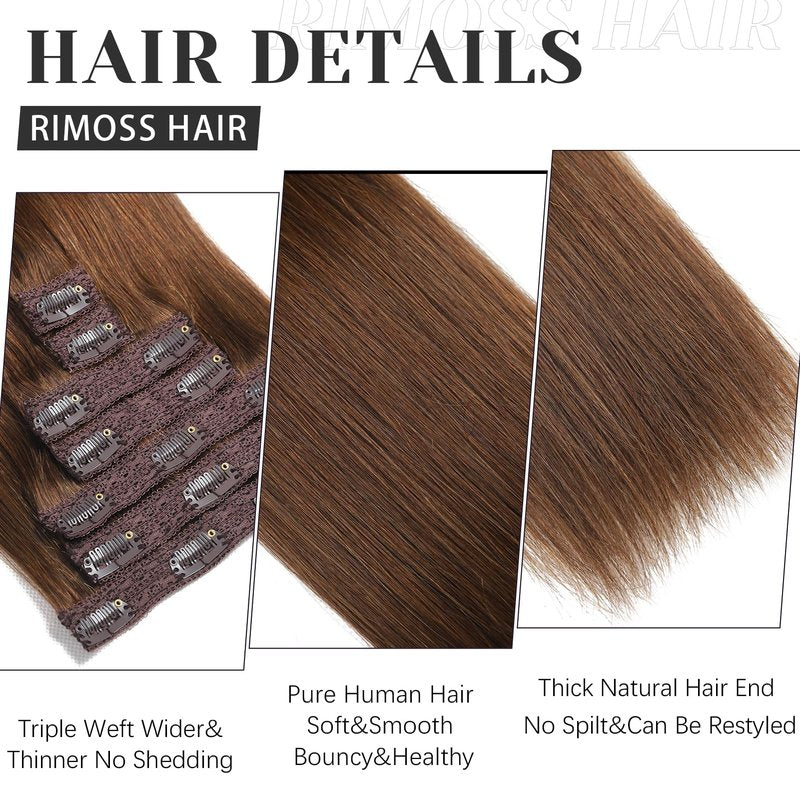 Rimoss Clip in Hair Extensions Real Human Hair - Chocolate Brown Color, 16 Inch 7pcs - Soft Remy Hair Extensions Real Human Hair Clip ins Straight for Women (#4 16 Inch)