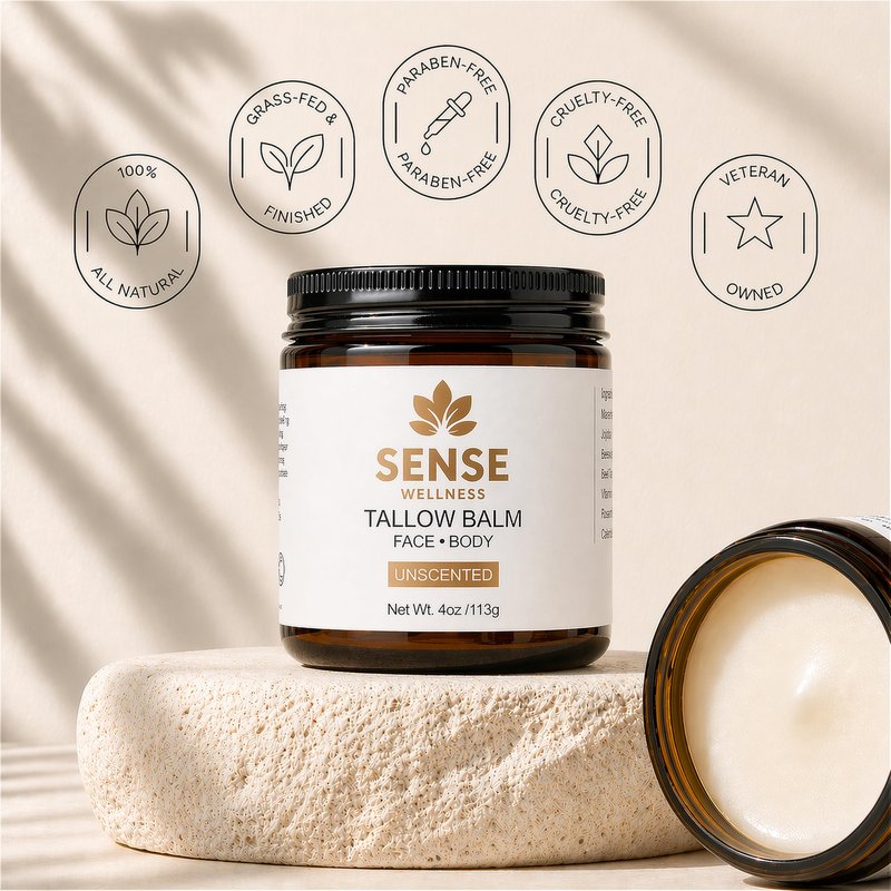Sense Wellness Beef Tallow for Face & Skin, Moisturizing Balm for Dry Sensitive Skin with Manuka Honey, Unscented, 4 oz