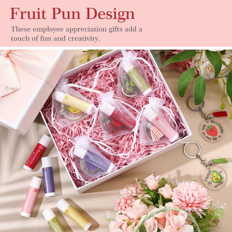 Loetere 30 Sets Moisturizing Lip Balms Bulk Employee Appreciation Gifts with Fruit Pun Keychains and Organza Bags for Coworker Teacher Appreciation Thank You Gifts