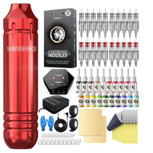 Wormhole Tattoo Kit for Beginners, Rotary Tattoo Pen Kit with 20 Color Inks, 20 Cartridge Needles & Power Supply for Tattoo Practice WTK090