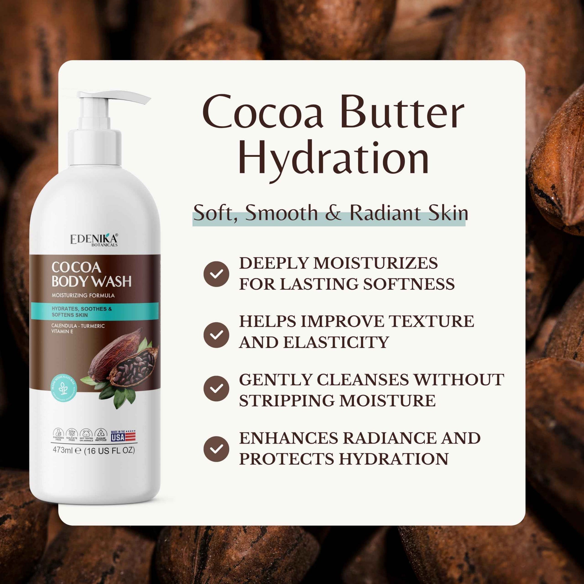 EDENIKA BOTANICALS Cocoa Butter Body Wash, Cleanses, Hydrates & Nourishes, Deep Moisturizing Shower Gel for Dry and Sensitive Skin, Women & Men, Organic & Natural, 16 fl oz, 2-Pack