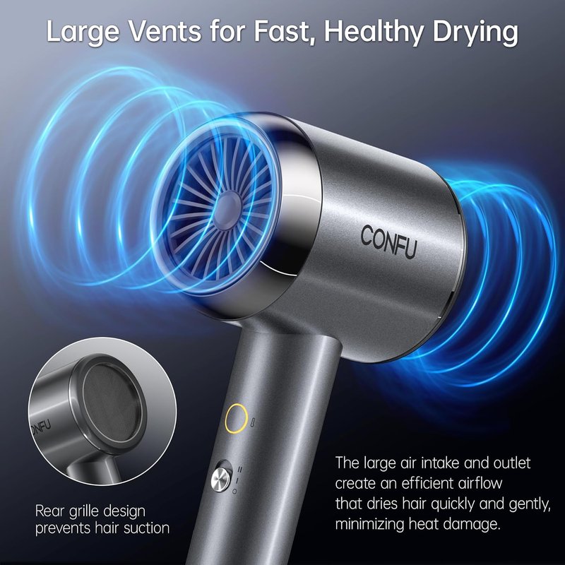 Confu Hair Blow Dryer | Plasma Ionic 1600W Fast Drying for Curly Hair - Lightweight & Portable Design
