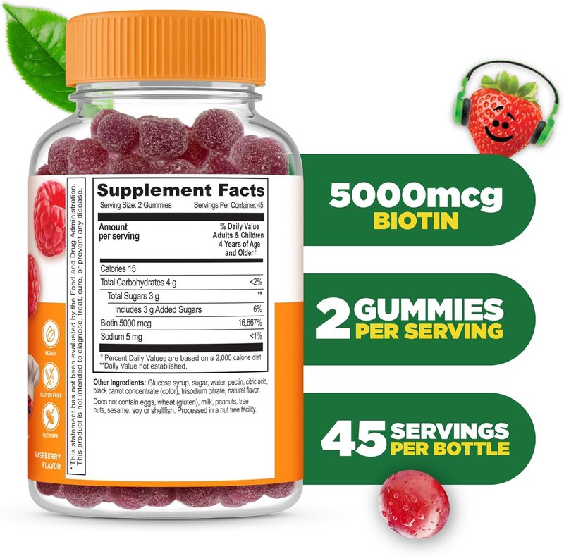Kids Biotin Gummies - 5,000mcg Vegan Hair Supplement | Great Tasting Natural Flavor | 90 Count