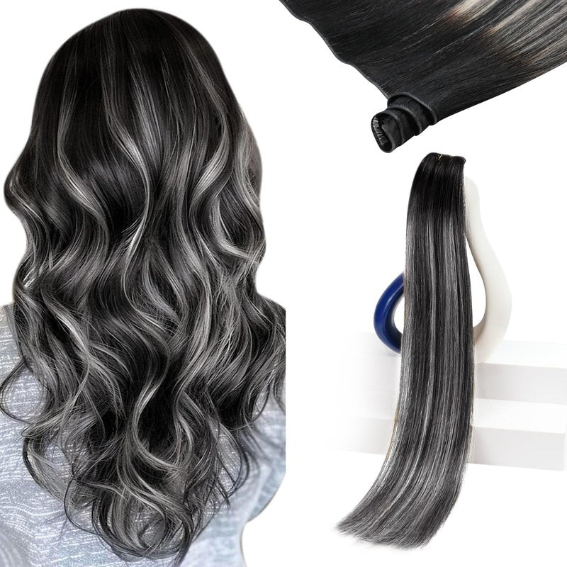 Sunny Hair 70G Seamless Genius Sew in Hair Extensions Hand Tied Weft Salt and Pepper Hair Extensions Natural Black Ombre Silver Grey Long Silky Straight All-Day Wear 20 Inch