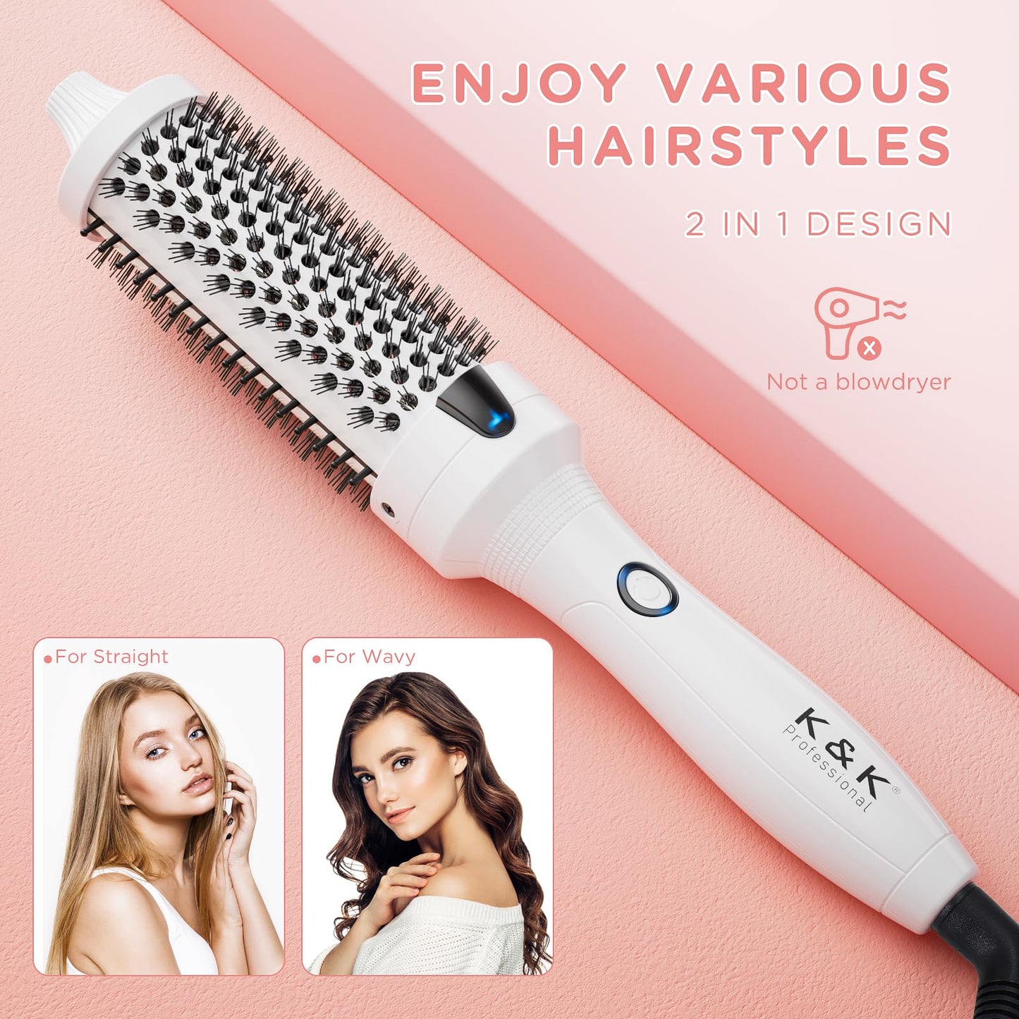 K&K Blowout Boost Thermal Brush, 1.5 inch Heated Round Brush for Blowout Look, Negative Ion Technology, Ceramic Tourmaline, Dual Voltage, White