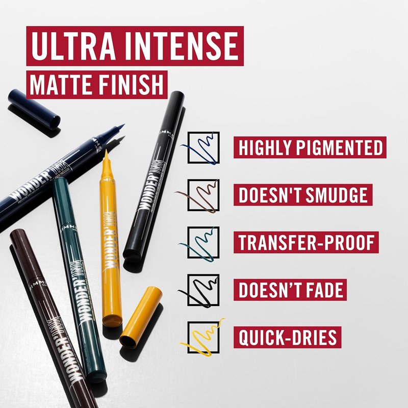Rimmel London Wonder’Ink Eyeliner - Matte Waterproof Formula, Long-Wearing, 0.03oz | Black