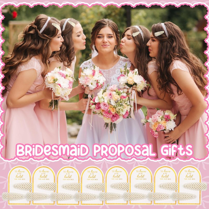 Highergo Bridesmaid Proposal Gifts 8 Pack Pearl Bridesmaid Hair Claw Clips with 3 Rolls Ribbon 8 Pack Pearl Hair Clips to Have & to Hold Your Hair Back Wedding Bridesmaids Hair Accessories Gifts