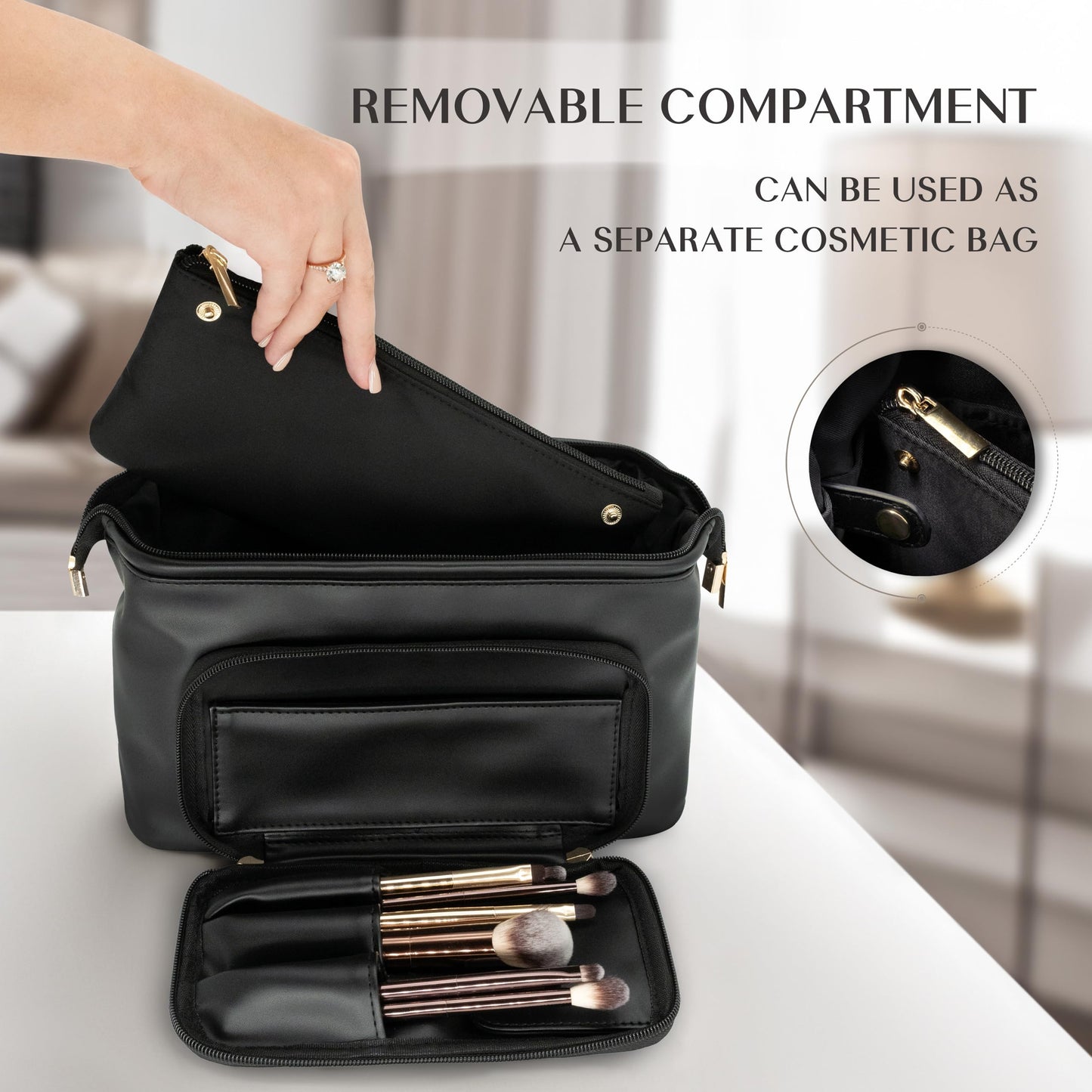 TREND-X PU Leather Makeup Bag with Brush Compartment, Open Flat Travel Cosmetic Organizer for Women, Large Capacity Vanity Makeup Bag