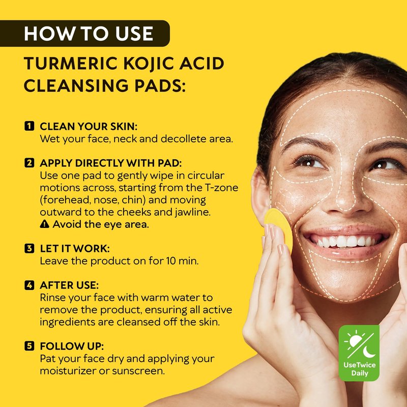 Turmeric Kojic Acid Cleansing Pads for Face - Exfoliating Sponges with Vitamin C & Lemon - Foaming Facial Wash for Glowing Skin & Uneven Tone Support - Gentle Daily Scrub