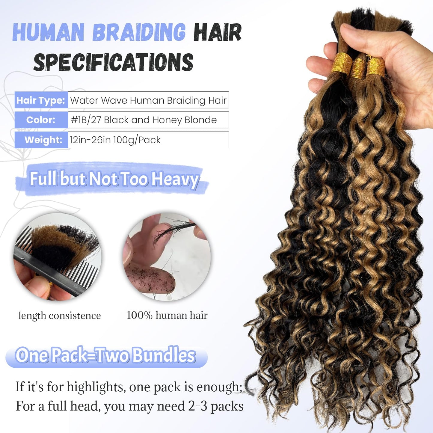 Boho Human Hair for Braiding Curly #1B/27 Highlight Honey Blonde Human Hair for Boho Braids Two Bundles 100G No Weft Water Wave Bundles Natural Black and Blonde Highlight Curly Braiding Hair 18 Inch