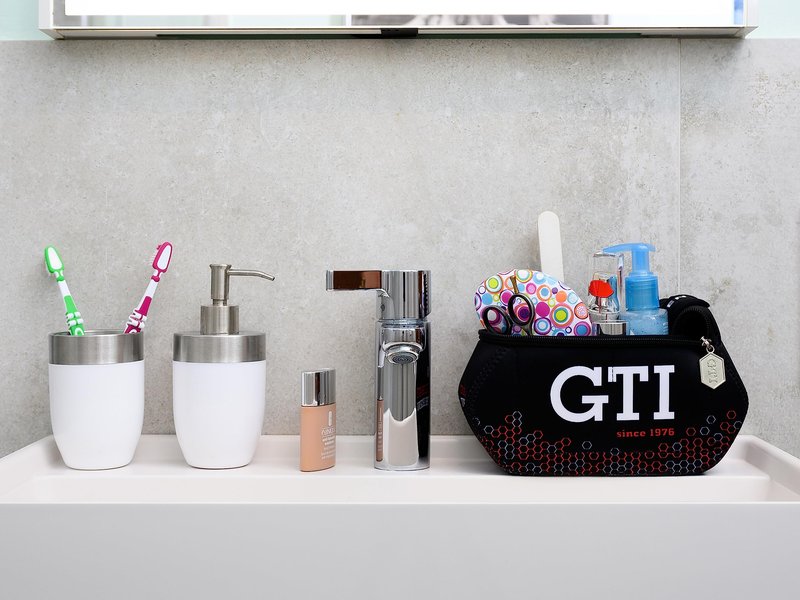 BRISA VW Collection - Volkswagen Neoprene Universal Makeup Cosmetics Toiletry Travel Pharmacy Bag in GTI Design (Hexagon/Black/Small)