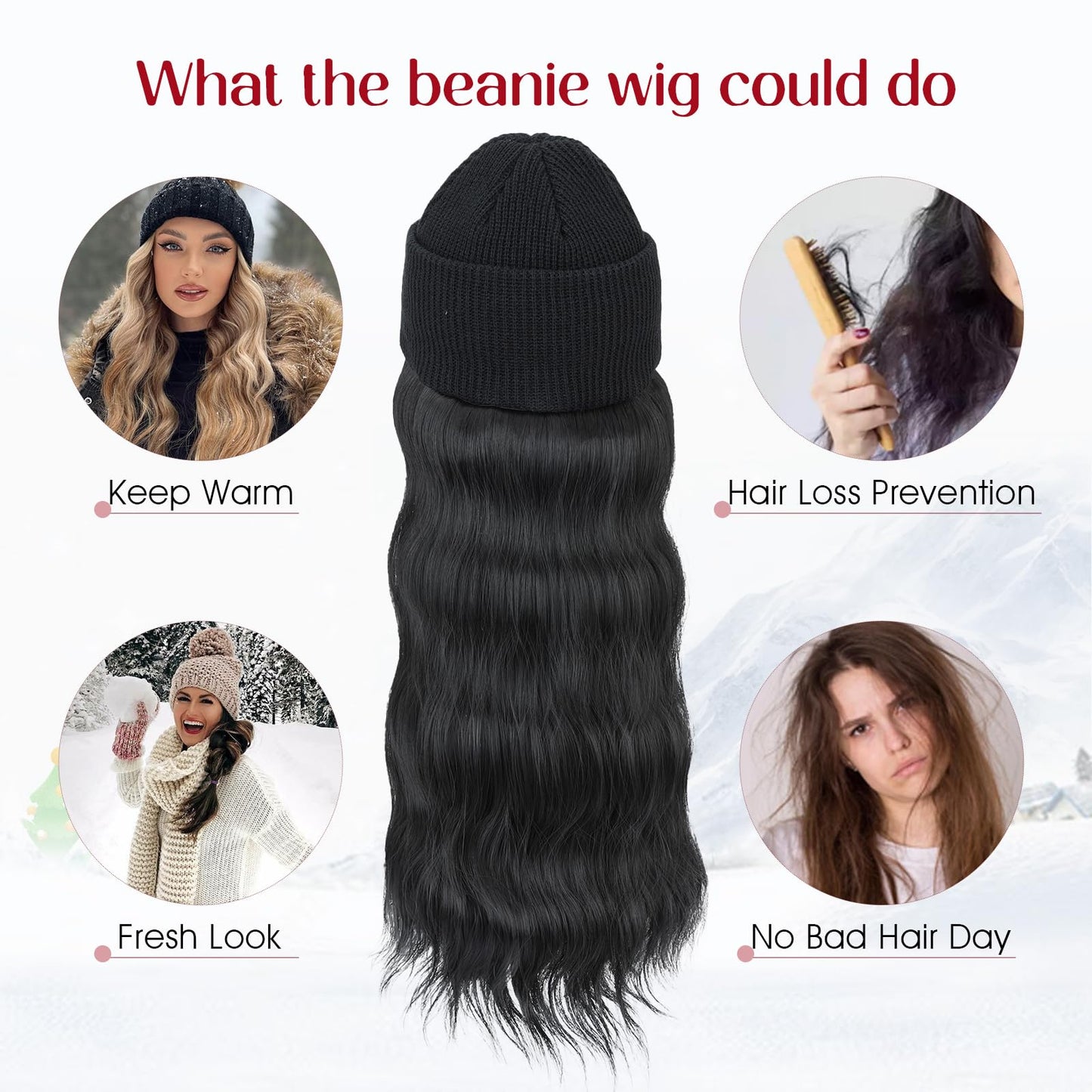 S-noilite Beanie Wig Hair Extensions,11 Inch Short Straight Hair Extensions with Knitted Hat Wigs for Women Winter Medium Brown