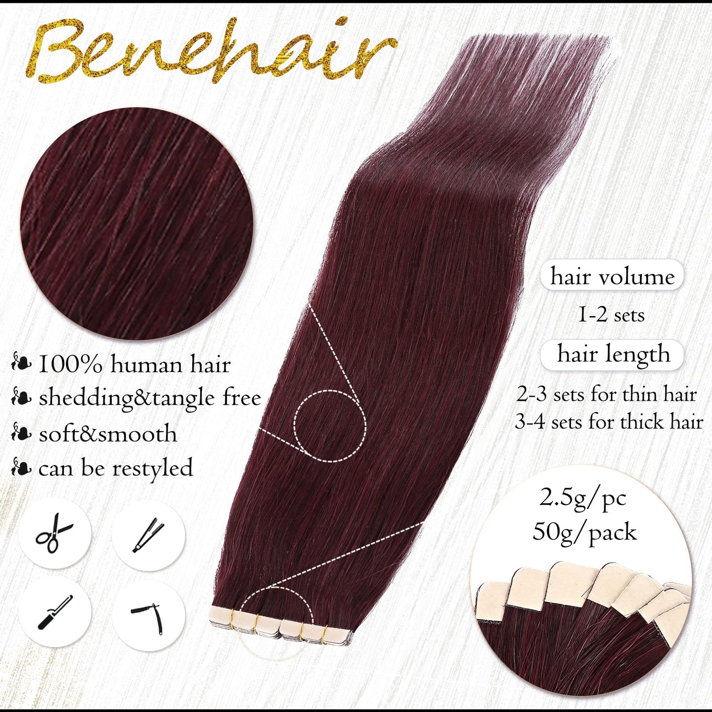 Benehair Red Tape-in Hair Extensions, 18" Human Hair, 20pcs, 50g/pack, Straight, Seamless Skin Weft, Natural, Wine Red