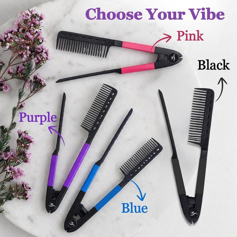 Hair Straightening Comb - Ergonomic Flat Iron Comb for Easy Styling | Reduces Heat Damage - Purple