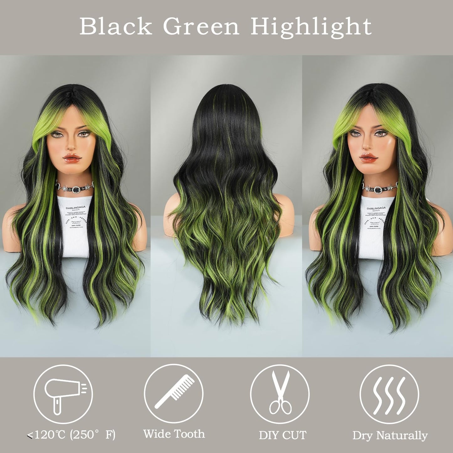 TRUMOST Black Wig Green Highlight Long Wavy Wig with Curtain Bang 26 Inch Ombre Black Green Wig Synthetic Heat Resistant for Women Daily Party used.