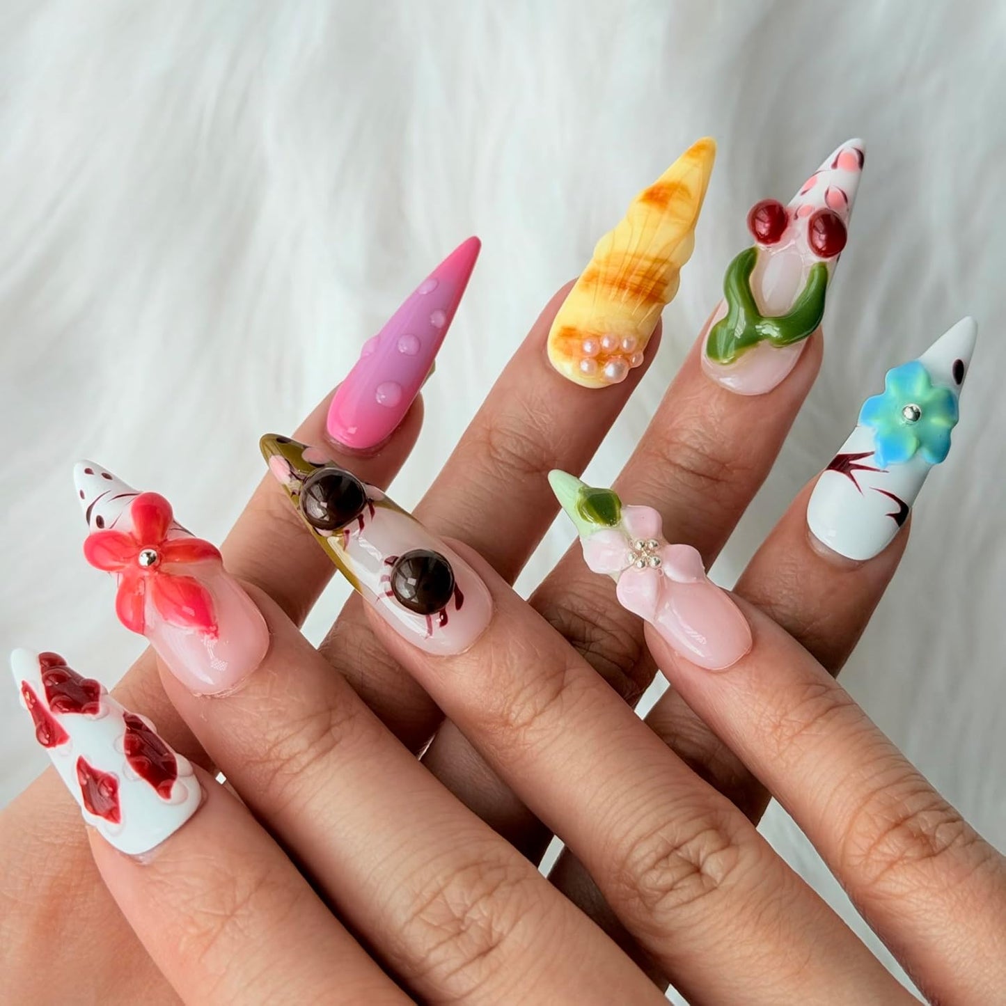 Press On Nails - 3D Designer Nail Art Set | Handmade & Reusable, Tropical Paradise Mix, Medium Size, 10 Pcs
