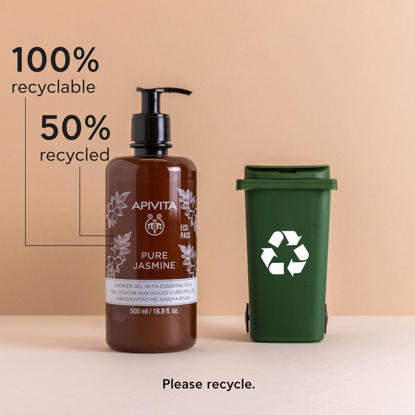 Apivita Pure Jasmine Shower Gel, Gently Cleanses, Hydrates & Preserves Skin's Moisture with Jasmine & Propolis