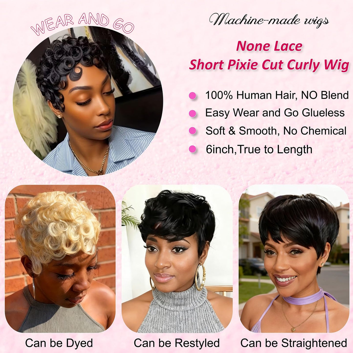 CRYSTALHAIR Short Curly Pixie Cut Wigs for Black Women, Loose Wave Short Curly Pixie Cut Wig Brazilian Virgin 100% Human Hair Wear and Go Glueless Layered Pixie Curly Wigs With Bangs for Daily Use