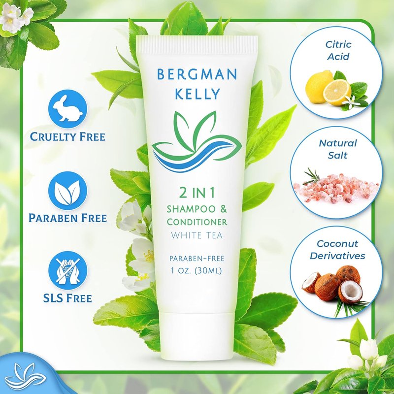 Bergman Kelly Travel Size 2-in-1 Shampoo & Conditioner | 1 fl oz White Tea - Refreshing Hotel Amenities in Bulk