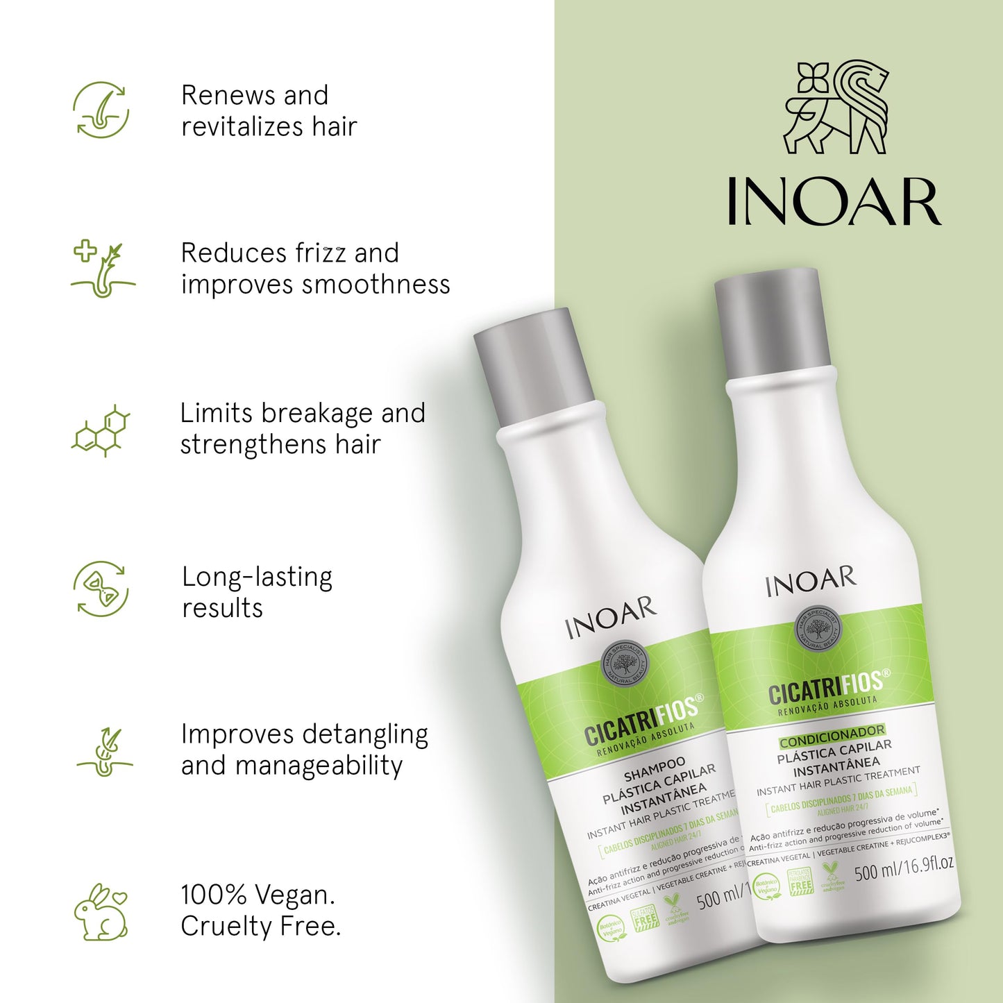 Inoar Cicatrifios Shampoo & Conditioner Renewal Haircare Duo with RejuComplex3 & Argan Oil, 2 x 16.9 Fl Oz Each