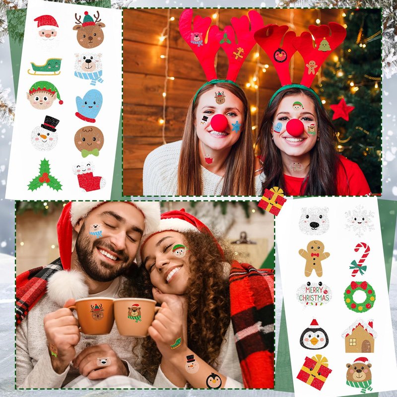 Nosiny 240 Pcs Glitter Christmas Temporary Tattoos Winter Tattoos Bulk Merry Christmas Tattoo Stickers Xmas Tree Snowman Penguin Stocking Stuffers for Eve Gifts Party Favors
