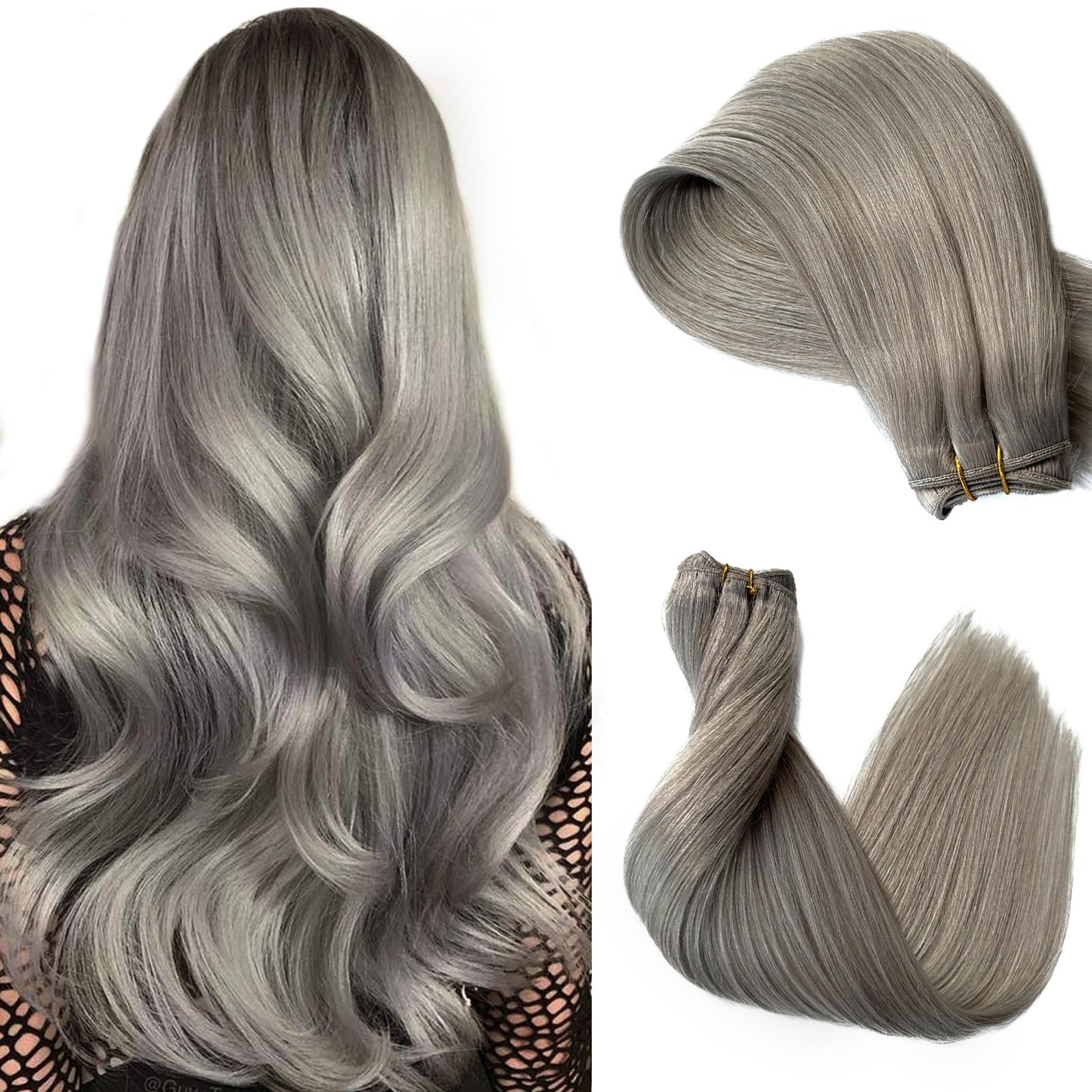 12 Inch Silver Grey Weft Sew in Hair Extensions Real Human Hair Weft Bundles, Hand Tied Silver Gray Sew in Weft Human Hair Extensions, 80G Per Bundle with Thick Full Ends