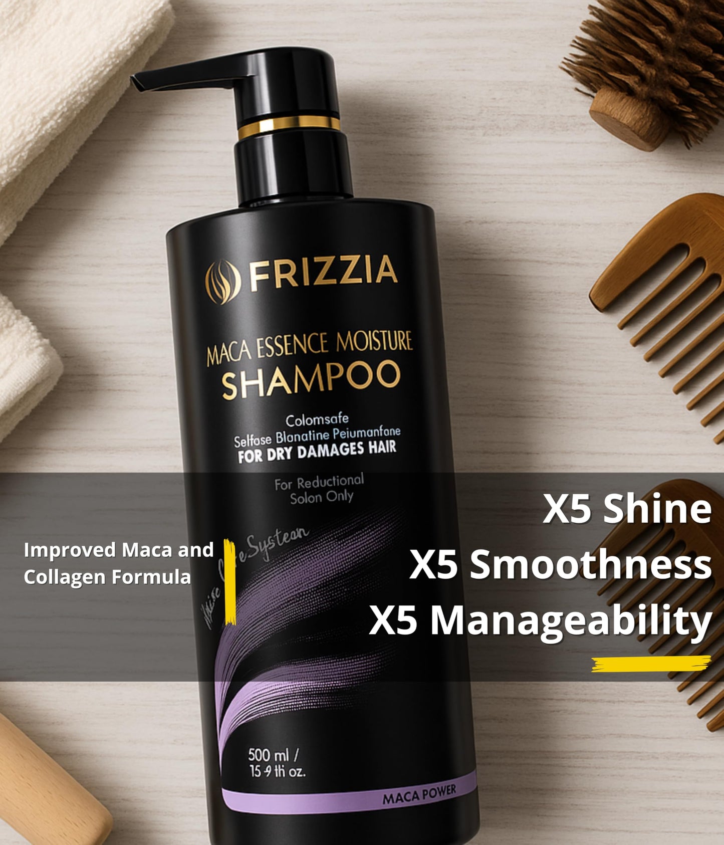 Frizzia PROFESSIONAL Shampoo with Maca, Argan and Vegetable Collagen | Repairs and Strengthens Damaged Hair | Opens Cuticles, Softens and Nourishes All Hair Types | 500ml