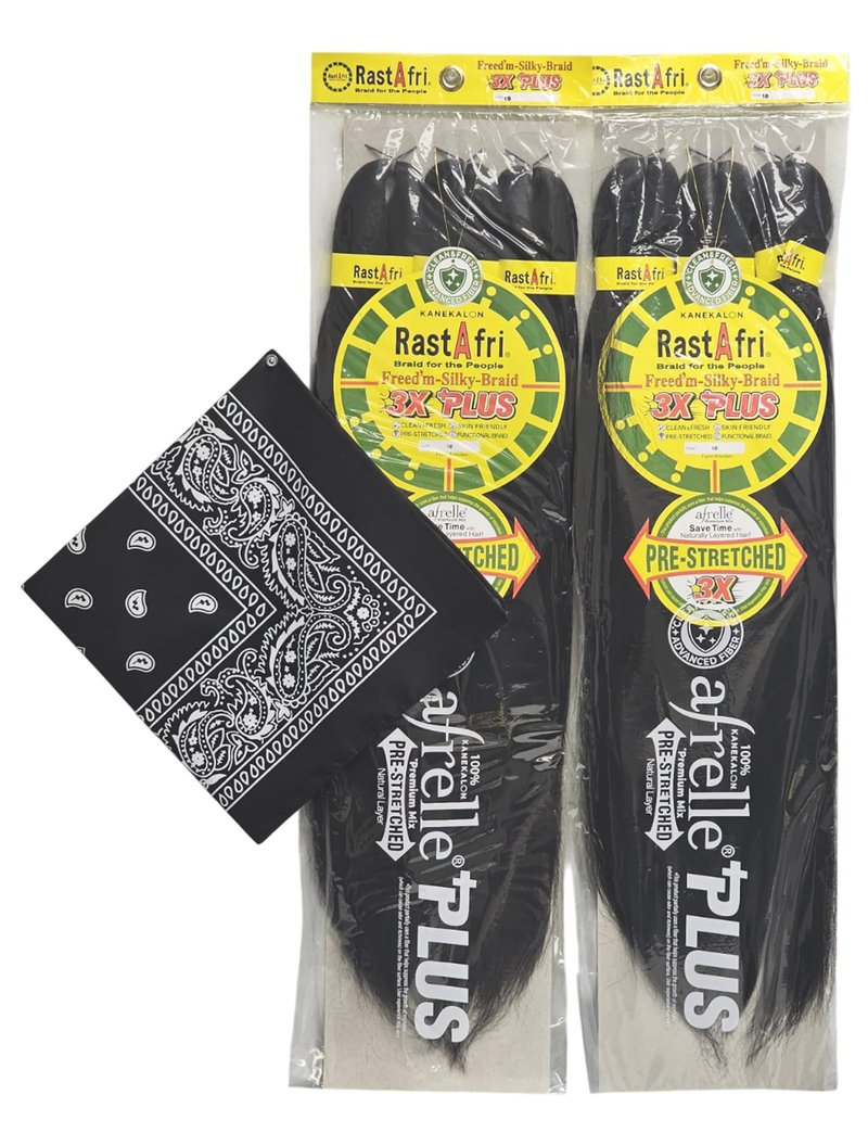 RastAfri Pre-Stretched Silky Braiding Hair 3X with Bandana - 2 Packs (#1B)