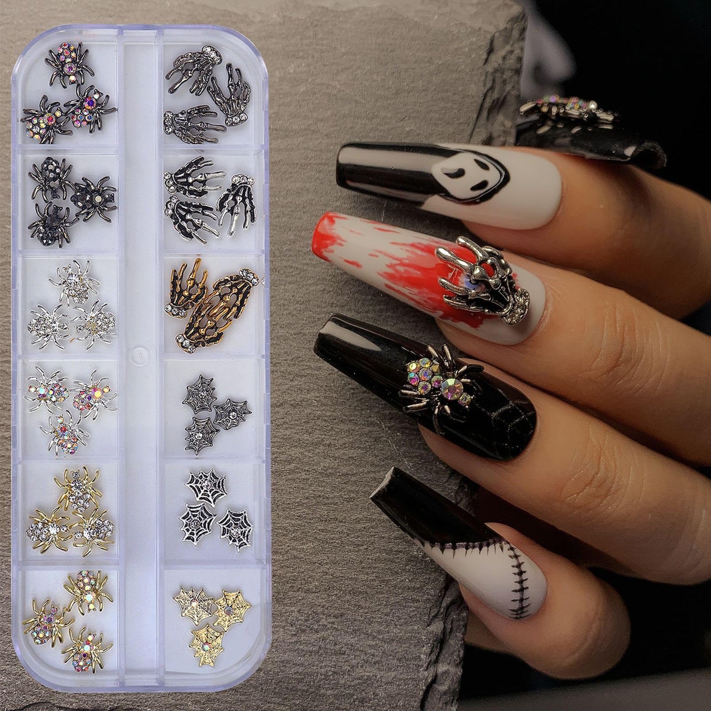 Halloween Nail Charms 3D Spider Hand Alloy Nail Art Supplies Black Gold Silver Charms Nail Jewelry for Women Halloween DIY Nail Art Decoration Accessories 36Pcs