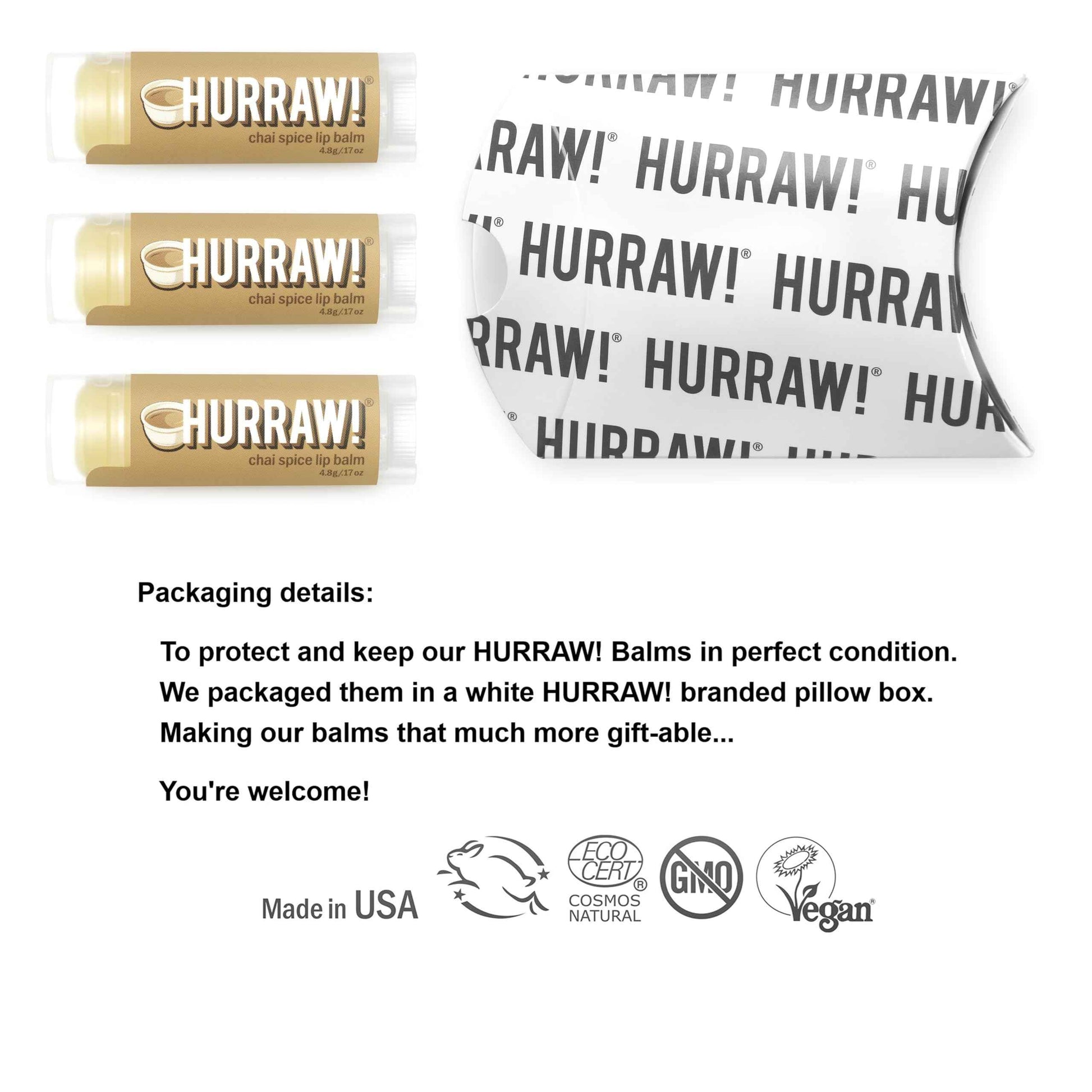 Hurraw! Chai Spice Lip Balm, 3 Pack: Organic, Certified Vegan, Cruelty and Gluten Free. Non-GMO, 100% Natural Ingredients. Bee, Shea, Soy and Palm Free. Made in USA