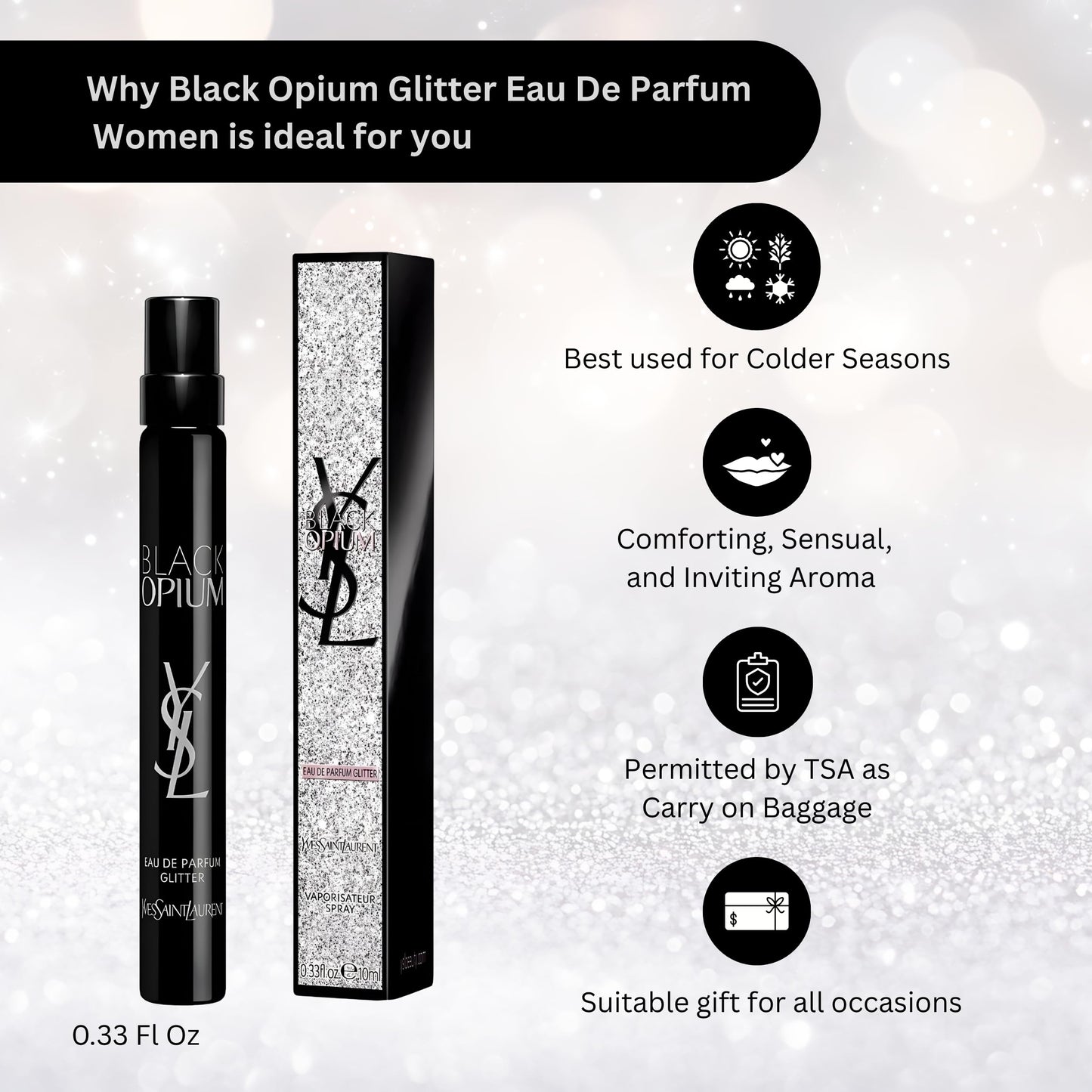 Yves Saint Laurent YSL Black Opium Glitter Eau De Parfum for Women - Travel Size 0.33 Fl Oz.