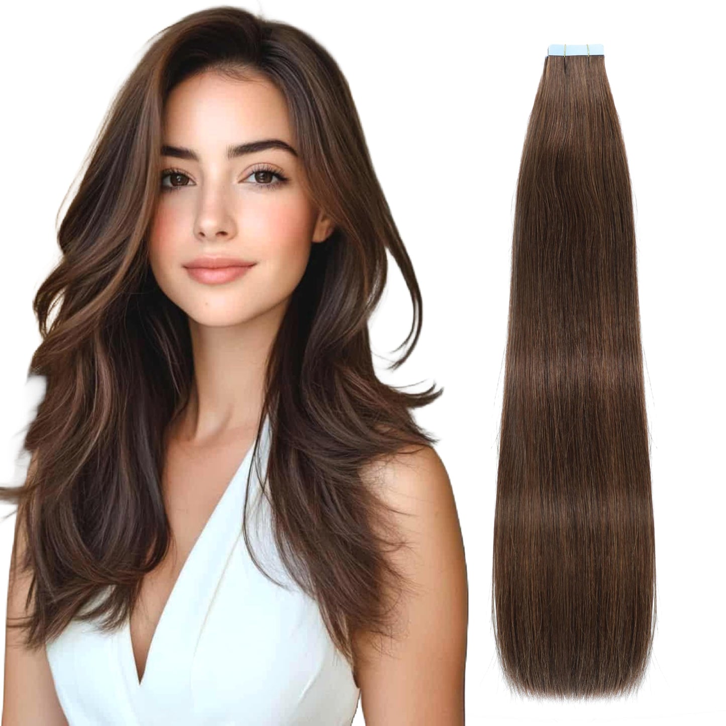 Lveyan Tape in Hair Extensions Human Hair 16 Inch Brown 20pcs 50g/pack Tape in Straight Seamless Skin Weft Remy Tape in Hair Extensions for Women（#4, 16Inch ）