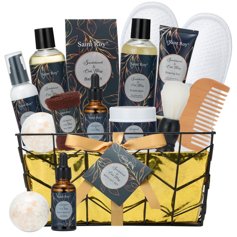 Fathers day gift baskets Birthday Day Gifts for Him Spa Gift Basket for Men, Body Wash, 13pcs Sandalwood Oak Moss Bath and Beard Kit for Men with Beard Brush, Christmas Gifts Spa Kits for Man dad
