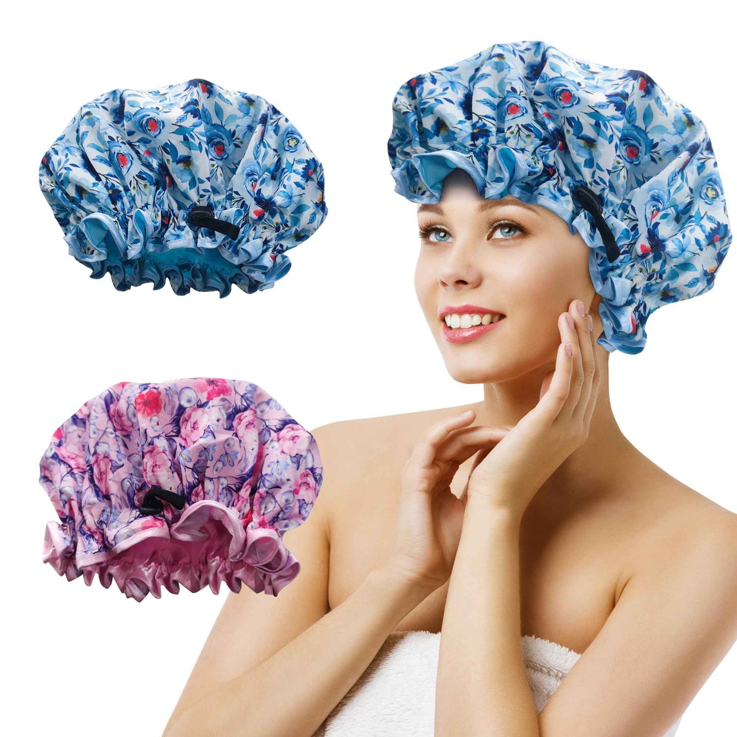 Luxury Shower Cap for Women Reusable Waterproof, 2 PCS Extra Large Double Layered Shower Caps for Long Hair with Adjustable Elastic Strap, Large Satin Lined Shower Bath Cap for All Hair Lengths