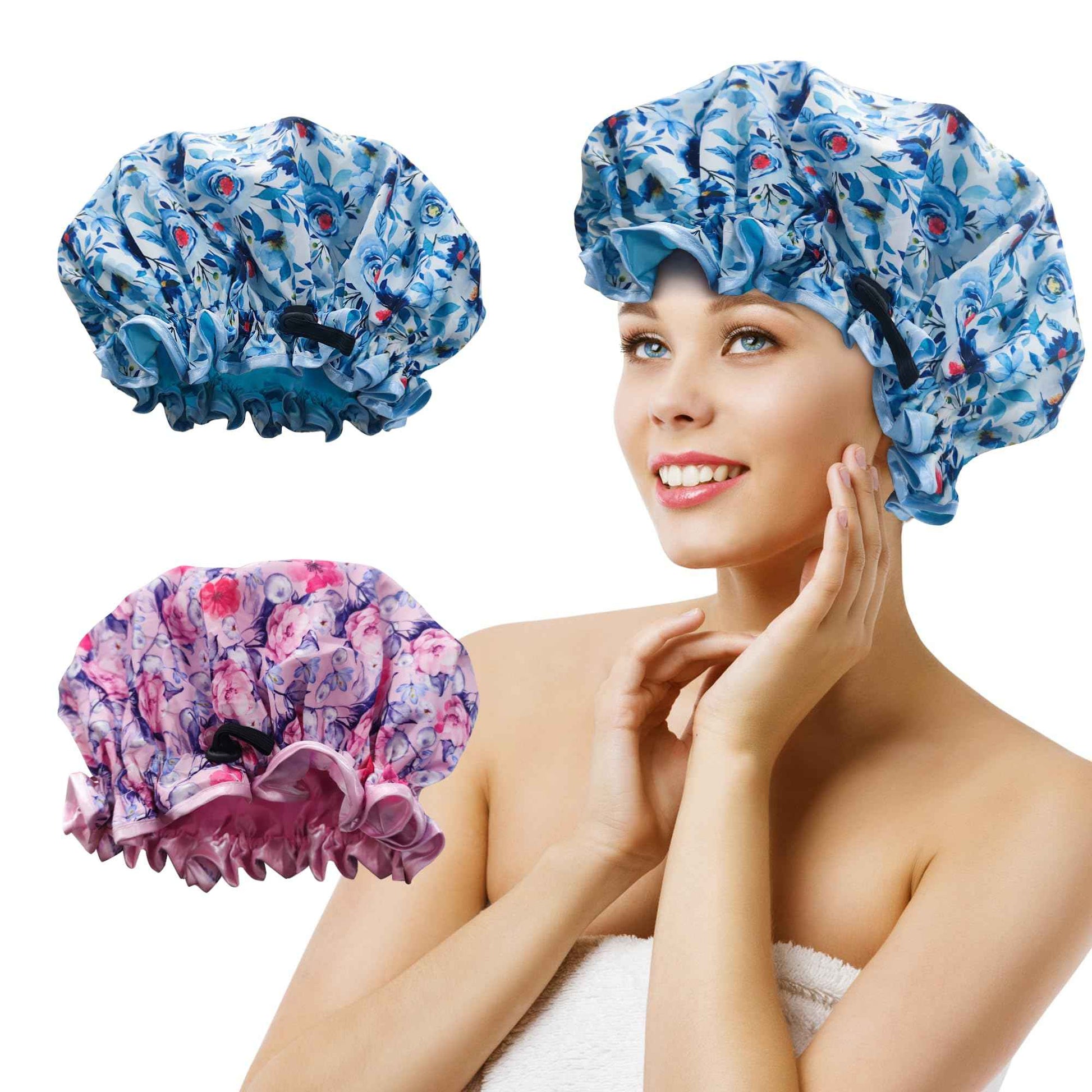 Luxury Shower Cap for Women Reusable Waterproof, 2 PCS Extra Large Double Layered Shower Caps for Long Hair with Adjustable Elastic Strap, Large Satin Lined Shower Bath Cap for All Hair Lengths