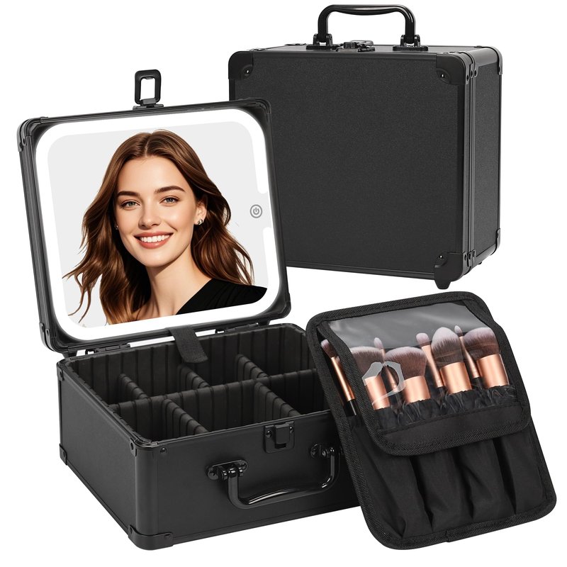 Makeup Case with Lighted Mirror, Travel Makeup Box with LED Mirror Makeup Organizer Bag Portable Cosmetic Train Case Makeup Artist Storage Bags with Adjustable Dividers Gifts for Women and Girls
