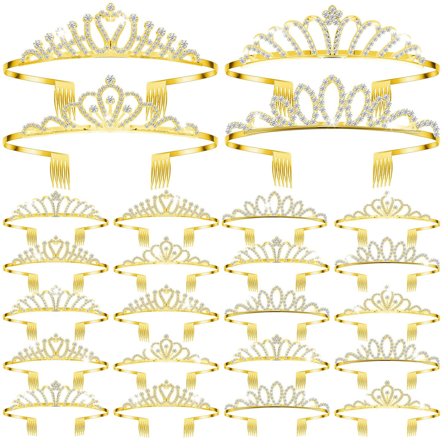 Yuefunny 24 Pcs Crystal Tiara Crowns for Women Bulk Rhinestone Princess Headband Crown with Combs Tiaras for Pageant Bridal Shower Wedding Birthday Prom Party Gifts(Stylish,Gold)
