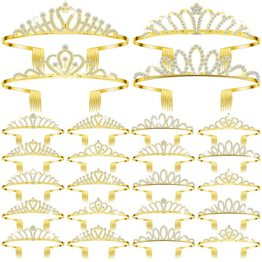 Yuefunny 24 Pcs Crystal Tiara Crowns for Women Bulk Rhinestone Princess Headband Crown with Combs Tiaras for Pageant Bridal Shower Wedding Birthday Prom Party Gifts(Stylish,Gold)