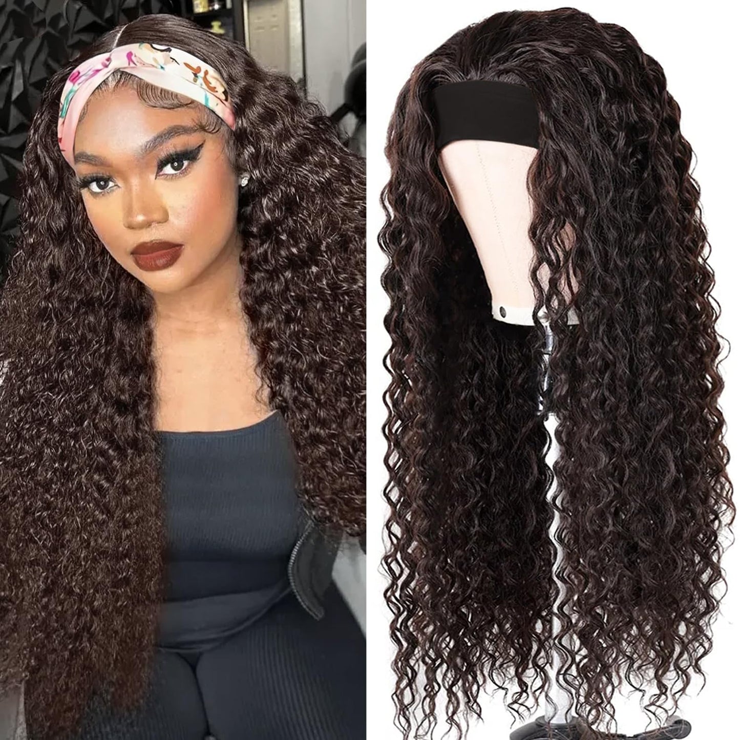Headband Wig - Human Hair Deep Wave Half Wig | Glueless Brazilian Curly Wig for Black Women - 12 Inch, Chocolate Brown