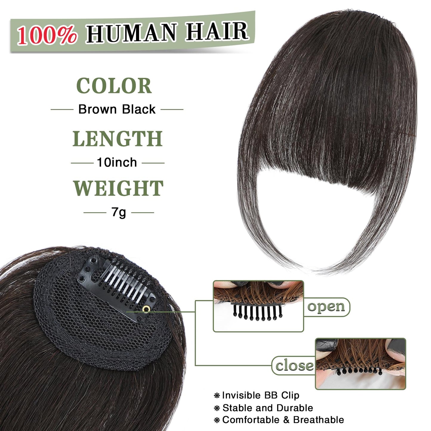 Carendia Bangs Hair Clip Human Hair Natural Black French Bangs for Women Fringe with Temples Hairpieces (Brown Black, 3D Bangs)