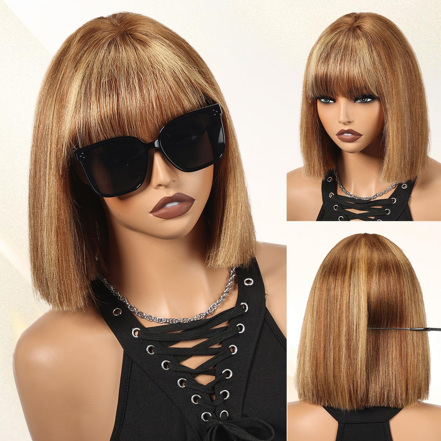 ELLORS 10 Inch Highlight Ombre Bob Wig Human Hair With Bangs Glueless 2x1 HD Lace Wigs, Short Wigs For Women Yaki Straight