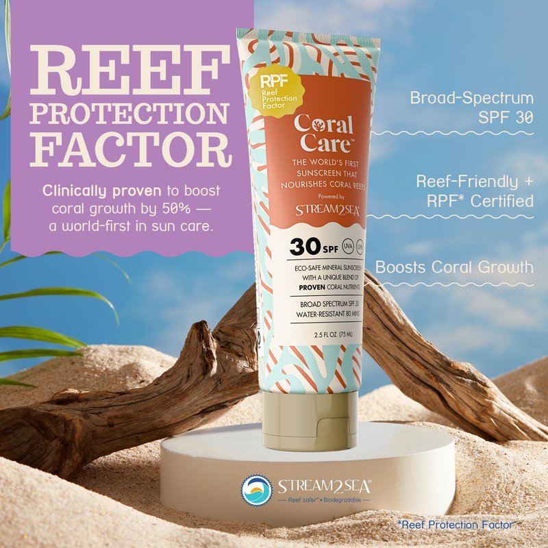 Stream2Sea Coral Care - Reef Safe Sunscreen SPF 30 Travel Size - First Reef-Approved Natural Mineral Sun block Boosts Coral Growth, Water resistant, Biodegradable, Eco-Friendly - 2 Pack