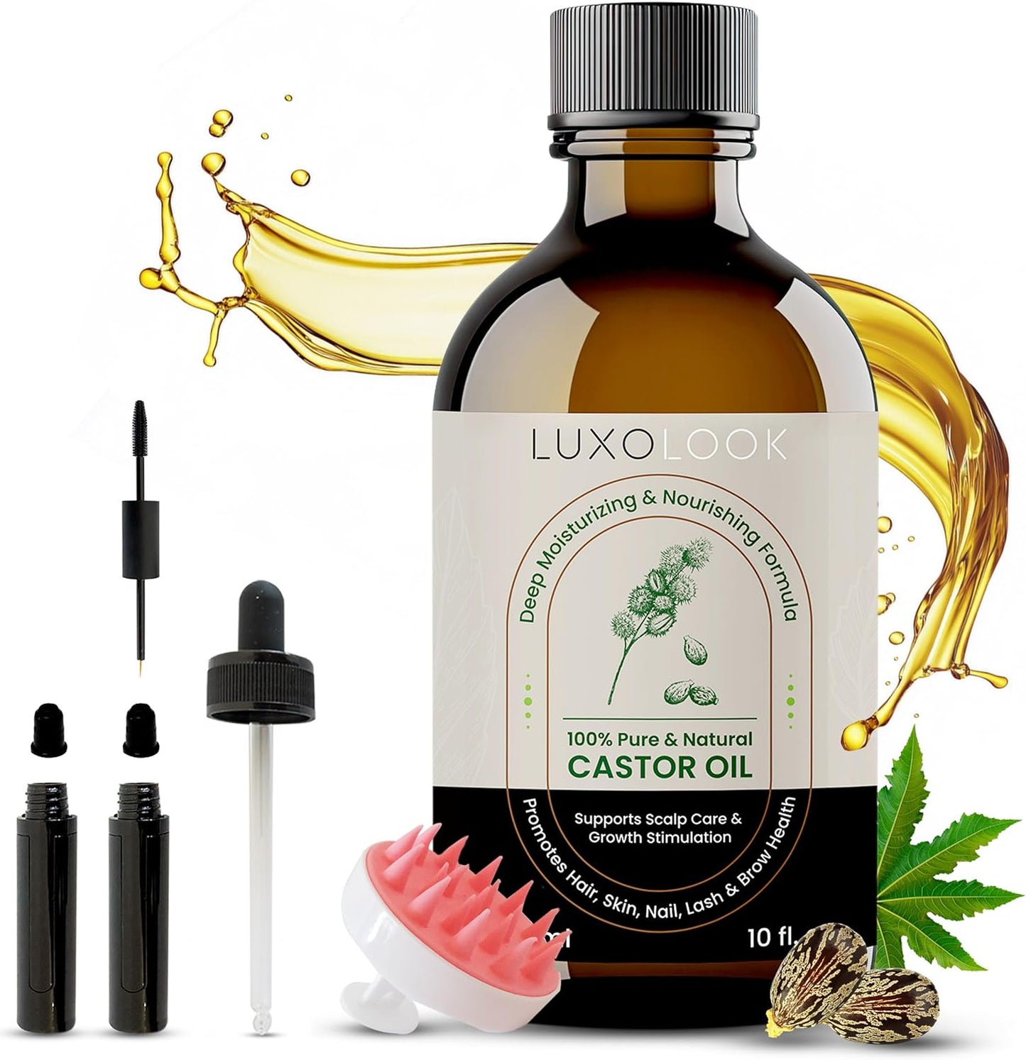 Pure Castor Oil - Cold Pressed 100% Natural Oil for Hair Growth, Skin & Nails | 10oz with Dual Mascara & Dropper