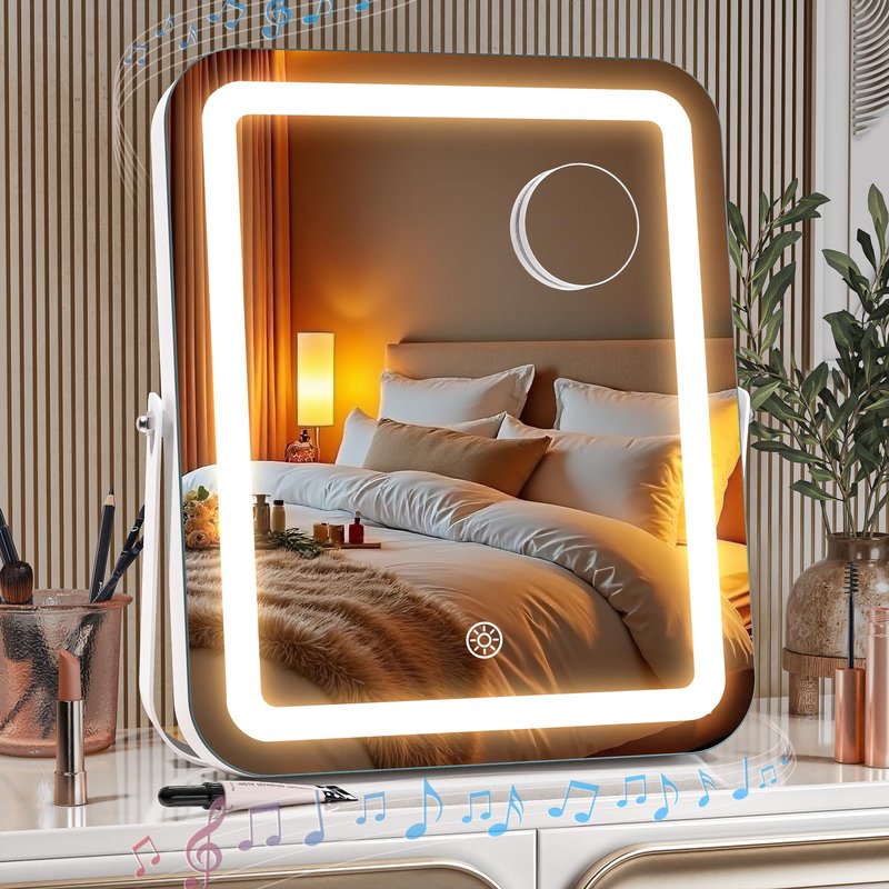 MINISO LED Vanity Mirror with Bluetooth Speaker, 9.8" x 11.8" Makeup Mirror with Lights, Light & Brightness Smart Sensor, Aluminum Alloy Metal White Frame, with 10X Magnifying