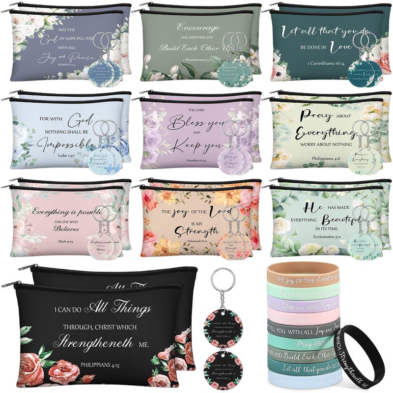 Yeyeplum 60 Pcs Church Gifts for Women Bulk Religious Makeup Bags Inspirational Scripture Keychains Bible Verse Bracelets Christian Favors Gifts Mother's Day