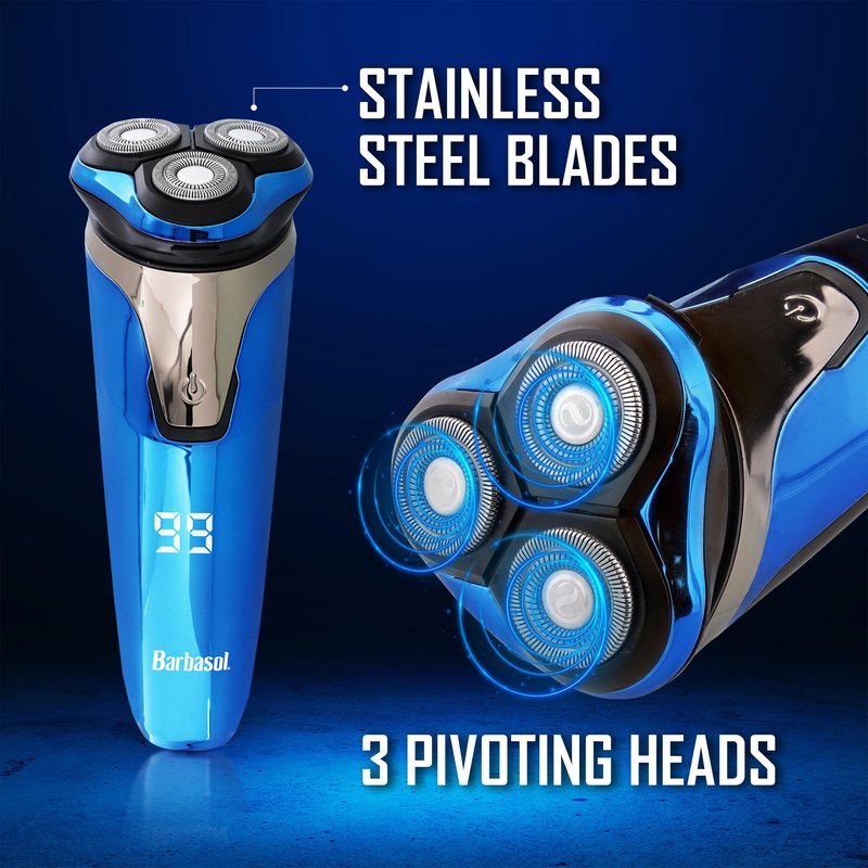 Rechargeable Electric Wet and Dry Rotary Shaver with Stainless Steel Blades, Pop Up Trimmer and LCD Screen