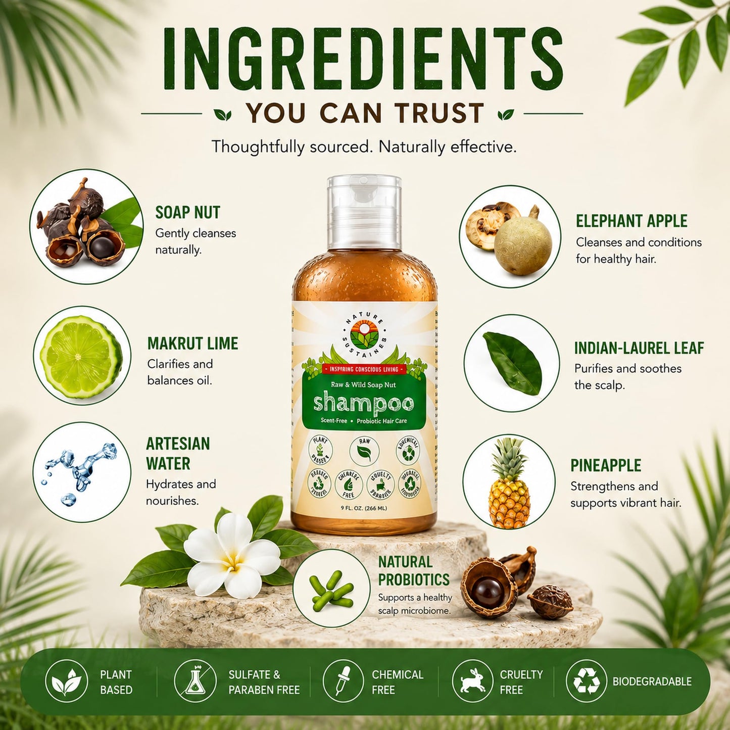 Nature Sustained Natural Shampoo - Organic, Raw & Wildcrafted with Probiotics, Hypoallergenic Natural & Sulfate Free Shampoo for Sensitive Scalp, Dry Hair, Dandruff, Eczema & Psoriasis, 9oz, Original