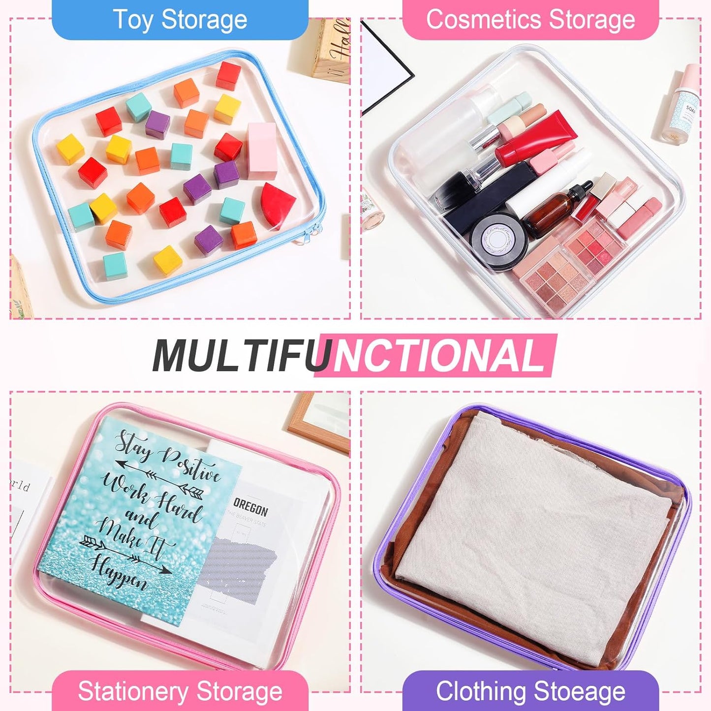 Clear Zipper Makeup Bags - 4 Pcs Hard Plastic Storage Pouches for Cosmetics & Snacks | 13.8 x 11.8 x 2 in, Multicolor