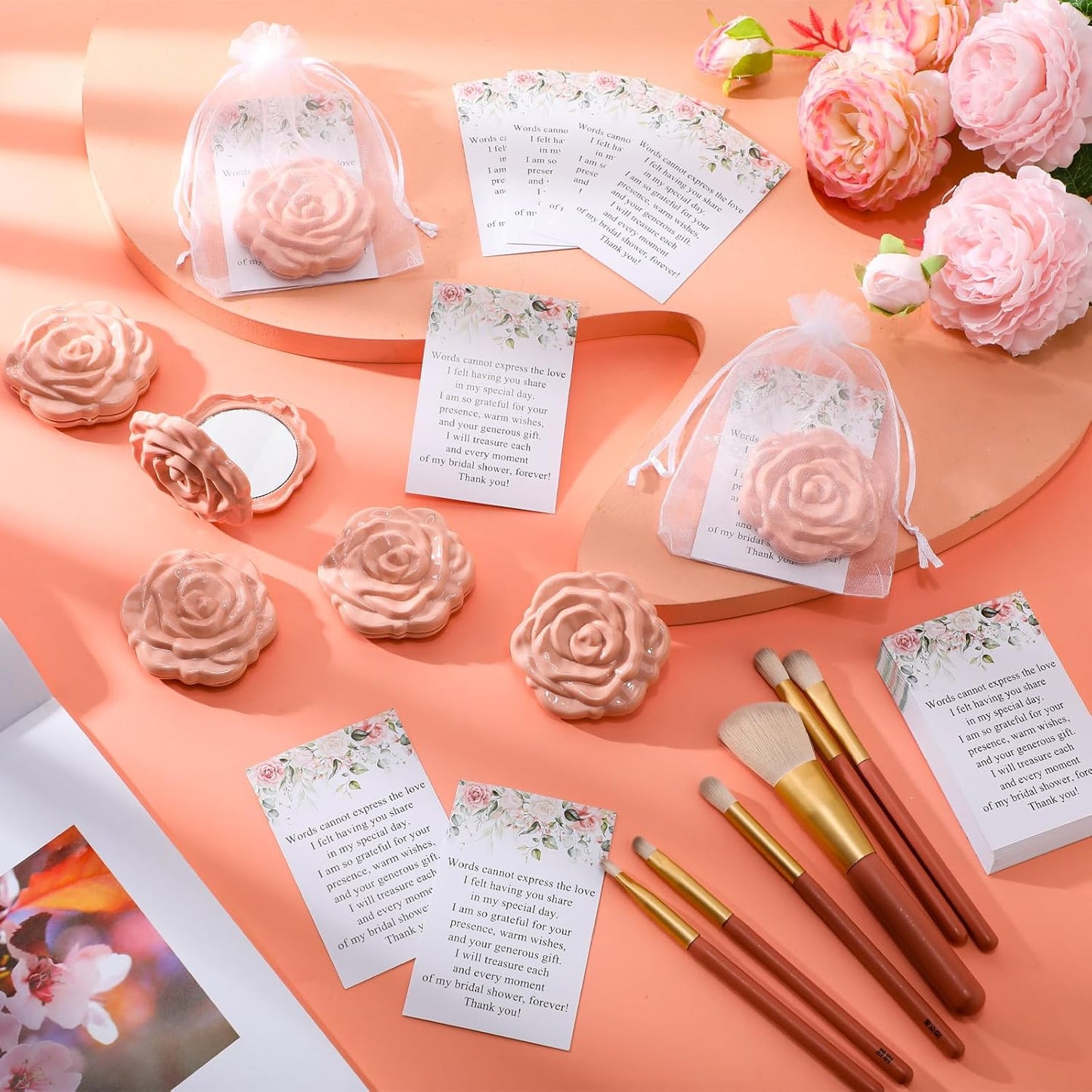 Bridal Shower Party Favors - 30 Sets Rose Compact Mirrors with Thank You Cards & Organza Bags | Pink Champagne