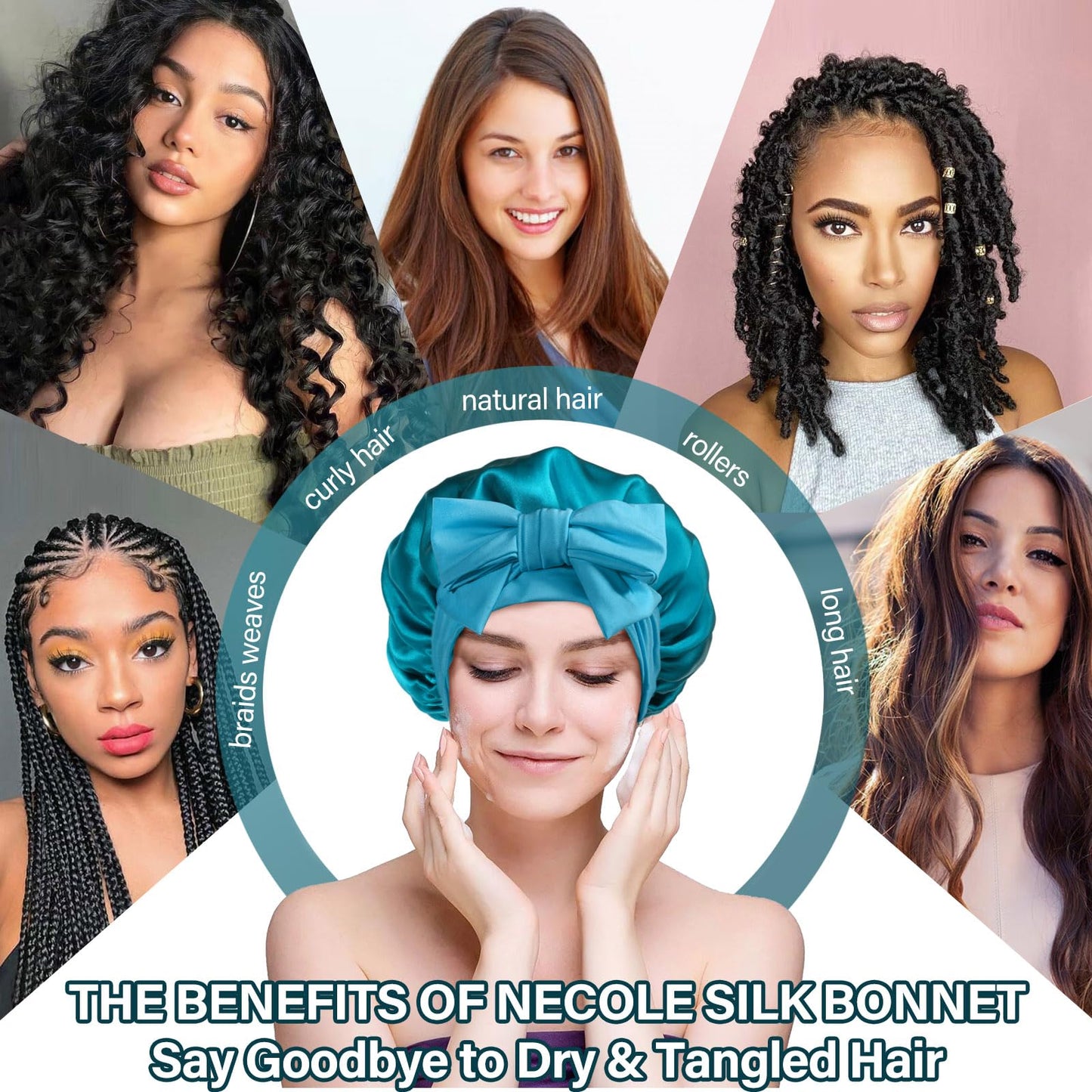 Necole Silk Bonnet for Women 100% Mulberry Silk Sleep Cap 22 Momme Double Layer Hair Wrap for Curly Short Long Hair, Non-Slip Turban with Elastic Tie, Blue
